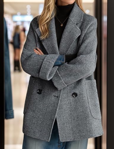 Bankeng Women's Winter Wool Blend Coat Notch Lapel Double Breasted Peacoat Loose Warm Coat Mid-Long Outerwear(DarkGrey,XL)