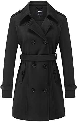 GGleaf Women's Double Breasted Pea Coat Slim Winter Mid-Long Trench Coat with Long Belt Black X-Large