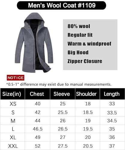 ELETOP Men's Wool Coat Classic Hooded Trench Coat Winter Long Jacket Pea Coat 1812 Grey XL