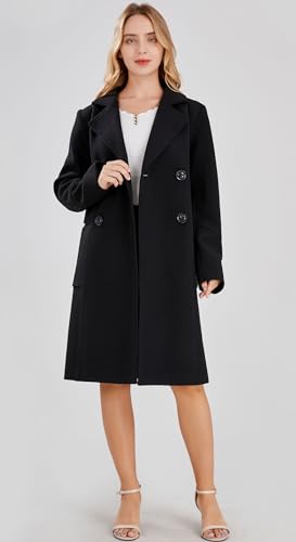 chouyatou Women's Basic Essential Double Breasted Mid-Long Wool Blend Pea Coat (X-Large, Black)