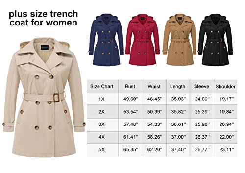 CREATMO US Plus Size Rain Coats for Women Dress Coat Long Trenchcoat Double Breasted Trench Water Resistant Classic Peacoat With Belt Khaki 5X