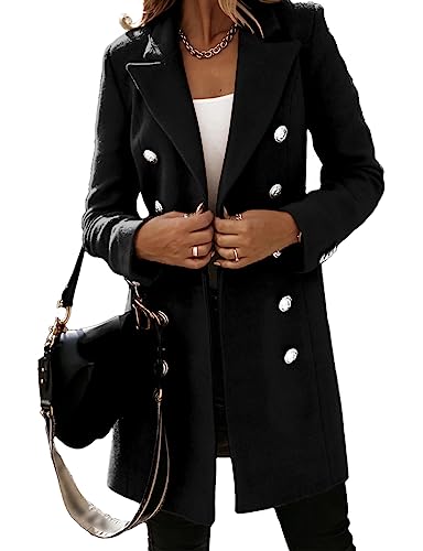 IDEALSANXUN Wool Coats for Women 2024 Fall Outfits Clothes Double Breasted Trench Coat Peacoat Ladies Dress Coats Midi Knee Length Fashion Winter Jackets, Black, L