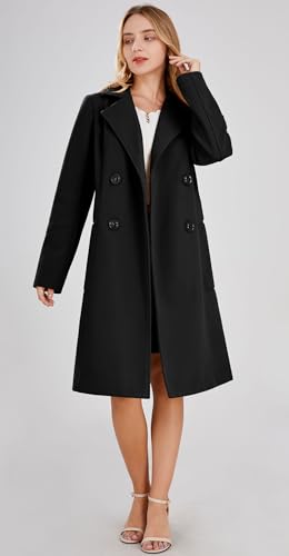 chouyatou Women's Basic Essential Double Breasted Mid-Long Wool Blend Pea Coat (X-Large, Black)