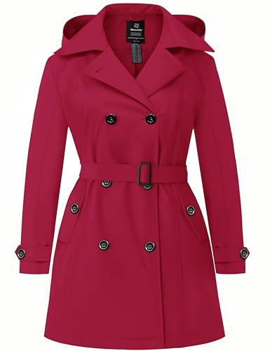 wantdo Plus Size Womens Trench Coat Mid Length Double Breasted Trench Jacket Classic Waterproof Peacoat with Belt Red 3X