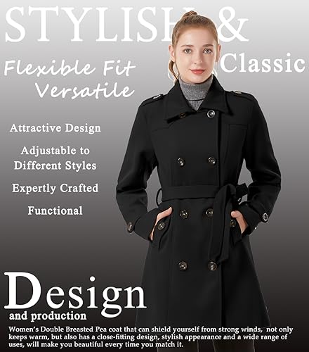 GGleaf Women's Double Breasted Pea Coat Slim Winter Mid-Long Trench Coat with Long Belt Black X-Large