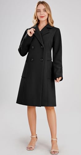 chouyatou Women's Basic Essential Double Breasted Mid-Long Wool Blend Pea Coat (X-Large, Black)