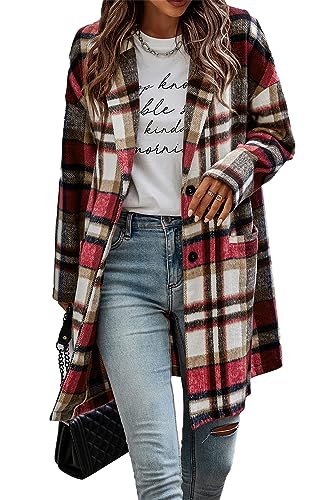Zeagoo Women's 2023 Plaid Jacket Mid Length Trench Coat Winter Oversized Pea Coat with Pockets