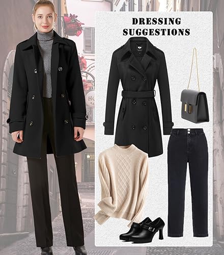 GGleaf Women's Double Breasted Pea Coat Slim Winter Mid-Long Trench Coat with Long Belt Black X-Large