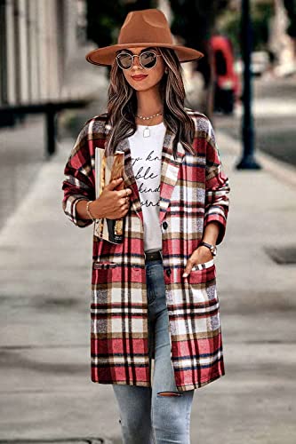 Zeagoo Women's 2023 Plaid Jacket Mid Length Trench Coat Winter Oversized Pea Coat with Pockets