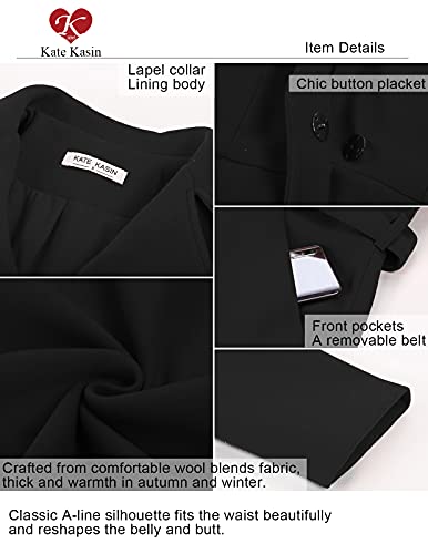 Kate Kasin Women Elegant A Line Peacoat Trench Coat Dress Over Coats With Belt Black Xl