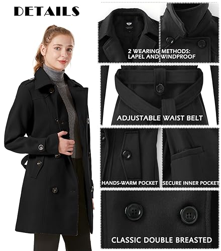 GGleaf Women's Double Breasted Pea Coat Slim Winter Mid-Long Trench Coat with Long Belt Black X-Large