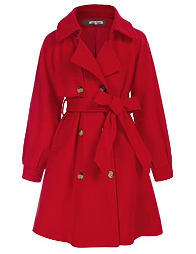 GRACE KARIN Girls Pea Coat Lapel Wool Blend Dress Coat with Pockets Belt Red Jackets for Xmas 10Y