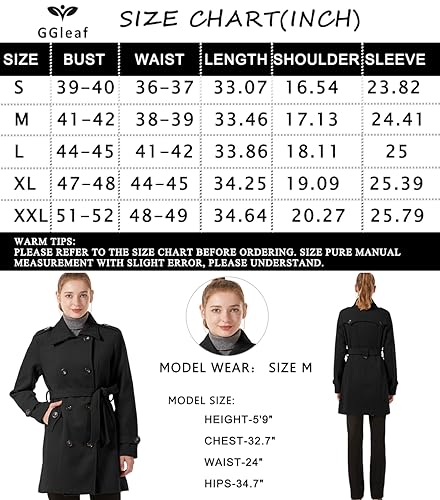 GGleaf Women's Double Breasted Pea Coat Slim Winter Mid-Long Trench Coat with Long Belt Black X-Large