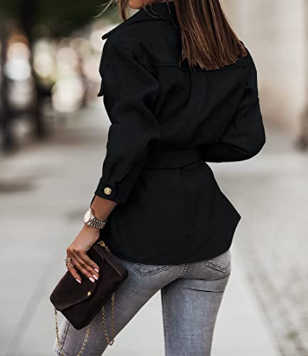 ZESICA Women's Casual Trench Coat Long Sleeve Lapel Button Down Belted Jacket Outerwear Peacoat with Pockets,Charcoal,Medium