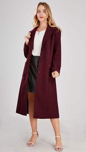 chouyatou Women's Big Notch Lapel Single Breasted Mid-Long Wool Blend Coat (X-Large, Wine Red)