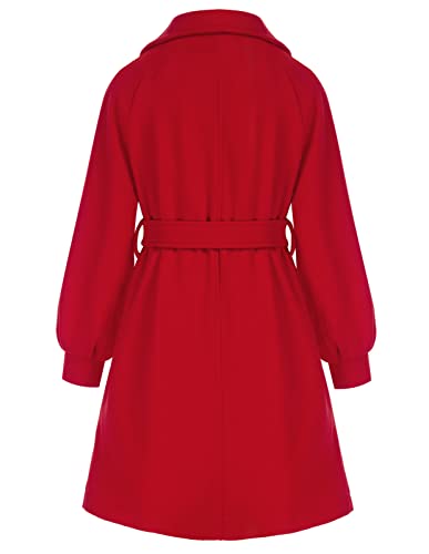 GRACE KARIN Girls Pea Coat Lapel Wool Blend Dress Coat with Pockets Belt Red Jackets for Xmas 10Y