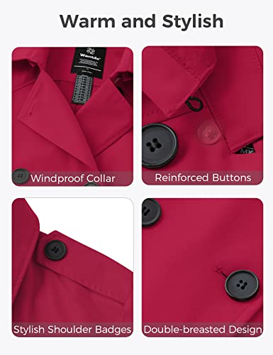 wantdo Plus Size Womens Trench Coat Mid Length Double Breasted Trench Jacket Classic Waterproof Peacoat with Belt Red 3X