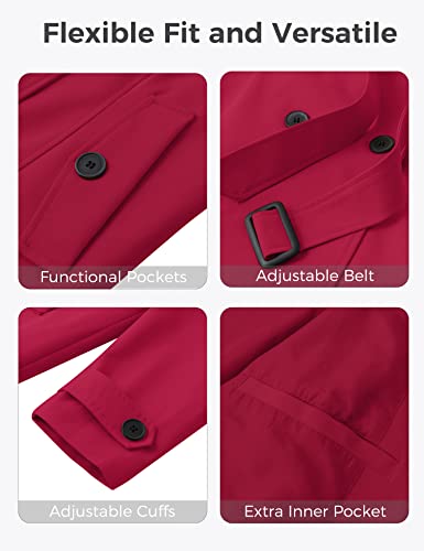 wantdo Plus Size Womens Trench Coat Mid Length Double Breasted Trench Jacket Classic Waterproof Peacoat with Belt Red 3X