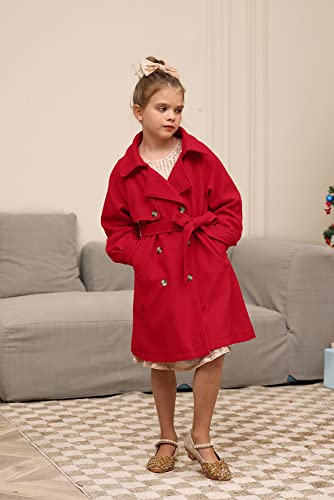 GRACE KARIN Girls Pea Coat Lapel Wool Blend Dress Coat with Pockets Belt Red Jackets for Xmas 10Y
