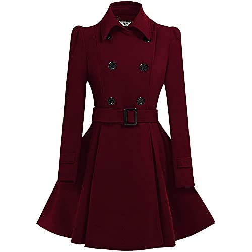 ForeMode Women Swing Double Breasted Wool Pea Coat with Belt Buckle Spring Mid-Long Long Sleeve Lapel Dresses Outwear(wine red,XX-Large)…