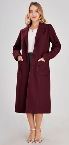 chouyatou Women's Big Notch Lapel Single Breasted Mid-Long Wool Blend Coat (X-Large, Wine Red)