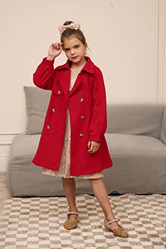 GRACE KARIN Girls Pea Coat Lapel Wool Blend Dress Coat with Pockets Belt Red Jackets for Xmas 10Y
