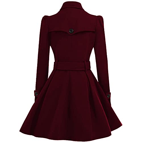 ForeMode Women Swing Double Breasted Wool Pea Coat with Belt Buckle Spring Mid-Long Long Sleeve Lapel Dresses Outwear(wine red,XX-Large)…