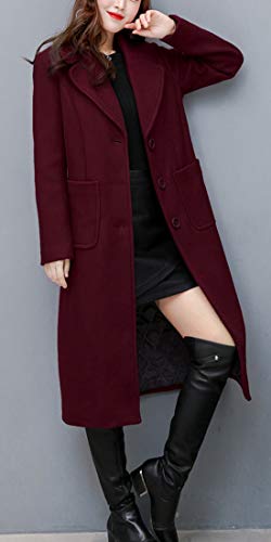 chouyatou Women's Big Notch Lapel Single Breasted Mid-Long Wool Blend Coat (X-Large, Wine Red)