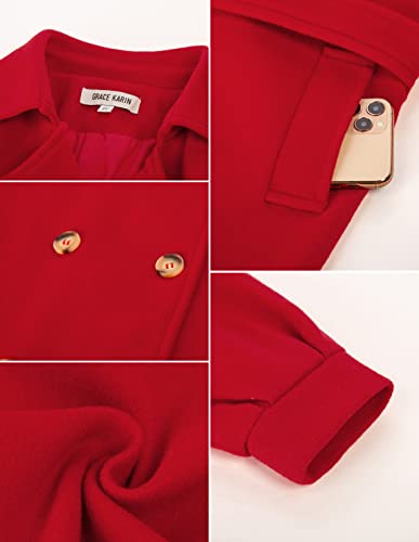 GRACE KARIN Girls Pea Coat Lapel Wool Blend Dress Coat with Pockets Belt Red Jackets for Xmas 10Y