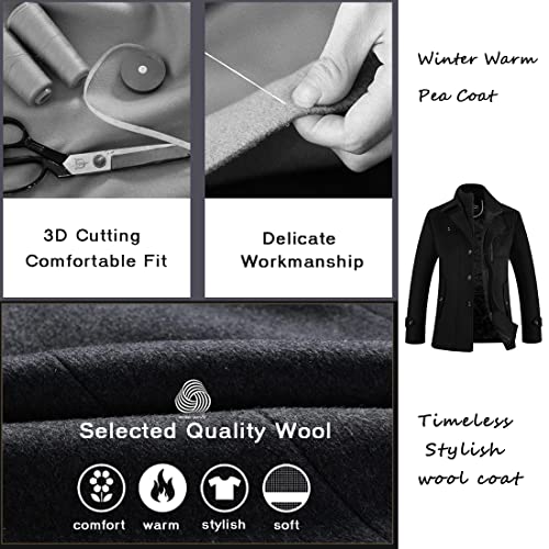 APTRO Men's Pea Coat Wool Jacket Windbreaker Single Breasted Winter Coat 1108 Black L