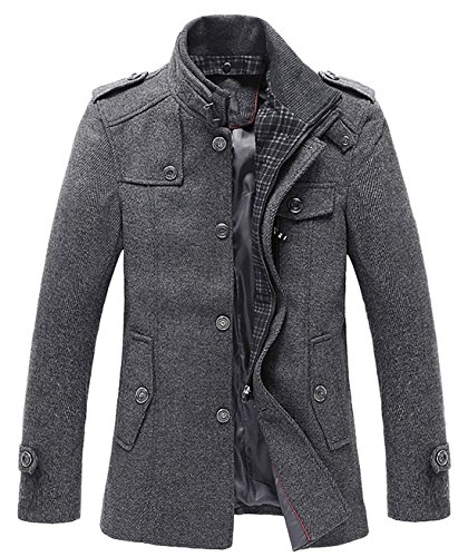 chouyatou Men's Winter Stylish Wool Blend Single Breasted Military Peacoat (Large, Gray)