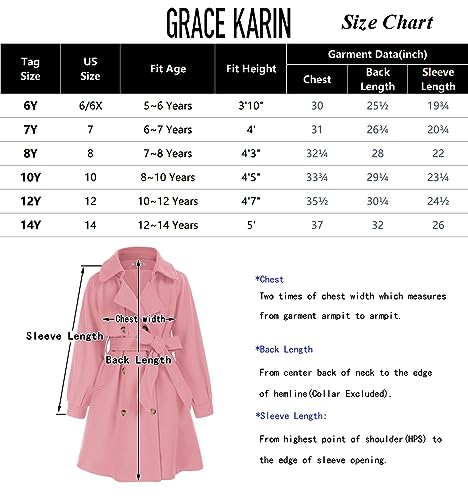 GRACE KARIN Girls Pea Coat Lapel Wool Blend Dress Coat with Pockets Belt Red Jackets for Xmas 10Y