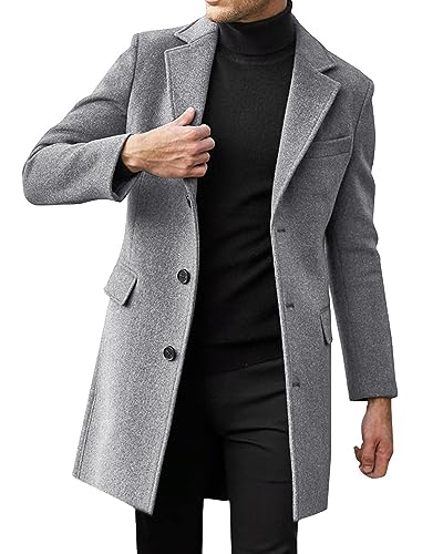Beotyshow Mens Single Breasted Trench Coat Winter Pea Coat Notch Lapel Long Casual Overcoat