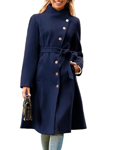 GRACE KARIN Long Jacket for Women Belted Midi Trench Peacoat 2024 Fall Shacket Nptch Lapel Blazer Womens Outfits Navy Blue L
