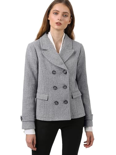 Allegra K Women's Notched Lapel Double Breasted Pea Coat Medium Grey