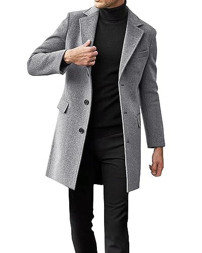Beotyshow Mens Single Breasted Trench Coat Winter Pea Coat Notch Lapel Long Casual Overcoat