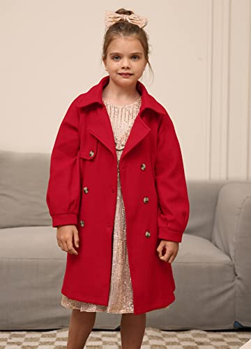 GRACE KARIN Girls Pea Coat Lapel Wool Blend Dress Coat with Pockets Belt Red Jackets for Xmas 10Y