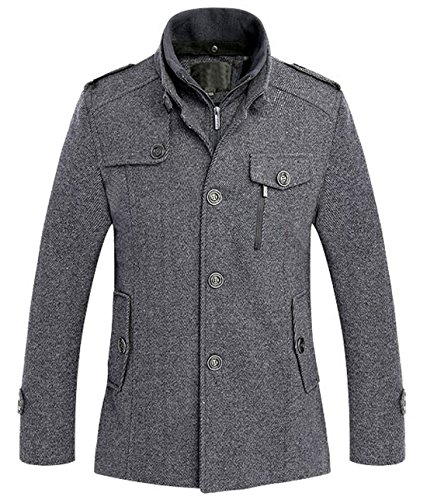 chouyatou Men's Winter Stylish Wool Blend Single Breasted Military Peacoat (Large, Gray)