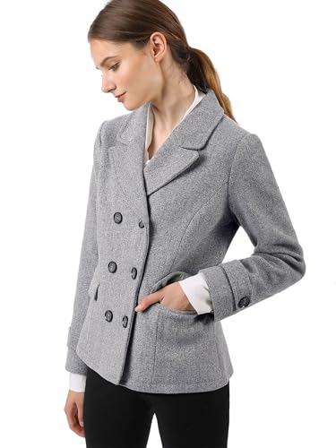 Allegra K Women's Notched Lapel Double Breasted Pea Coat Medium Grey