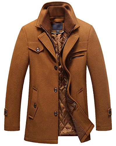 chouyatou Men's Gentle Layered Collar Single Breasted Quilted Lined Wool Blend Pea Coats (Medium, Brown)