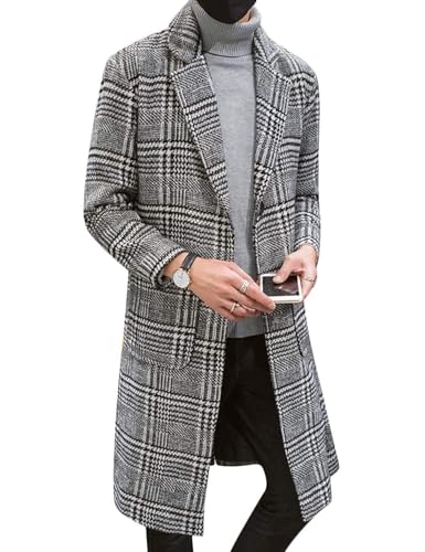 UANEO Mens Trench Coat Single Breasted Plaid Mid Long Peacoat Pea Coats (Gray, L)