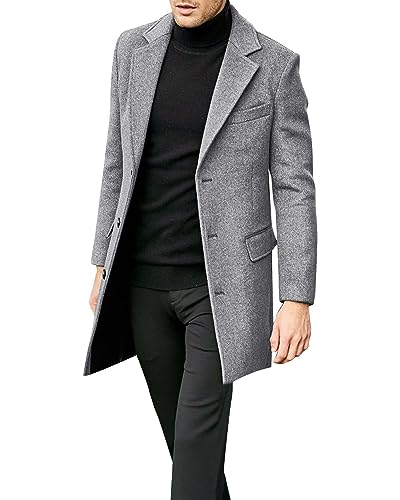 Beotyshow Mens Single Breasted Trench Coat Winter Pea Coat Notch Lapel Long Casual Overcoat
