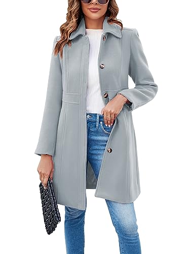 Fisoew Women's Elegant Single Breasted Coat Long Sleeve Mid Winter Overcoat Work Office Pea Coats