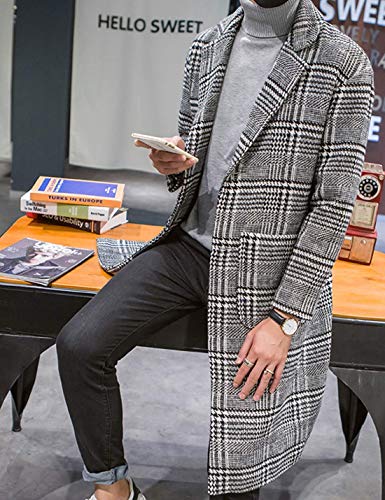 UANEO Mens Trench Coat Single Breasted Plaid Mid Long Peacoat Pea Coats (Gray, L)
