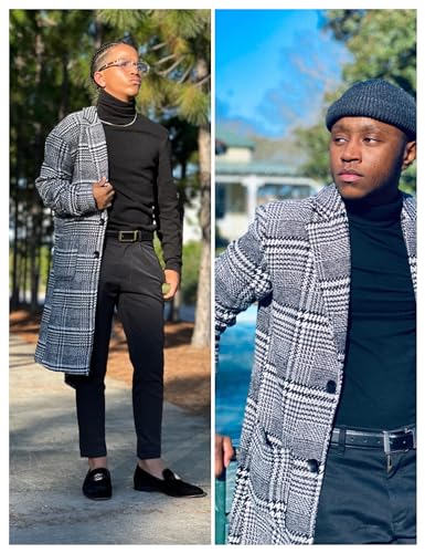 UANEO Mens Trench Coat Single Breasted Plaid Mid Long Peacoat Pea Coats (Gray, L)
