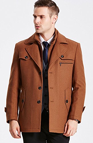chouyatou Men's Gentle Layered Collar Single Breasted Quilted Lined Wool Blend Pea Coats (Medium, Brown)