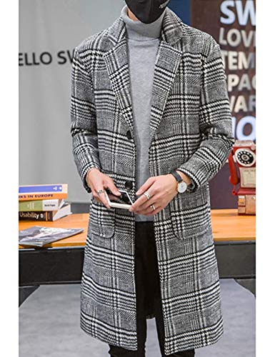 UANEO Mens Trench Coat Single Breasted Plaid Mid Long Peacoat Pea Coats (Gray, L)
