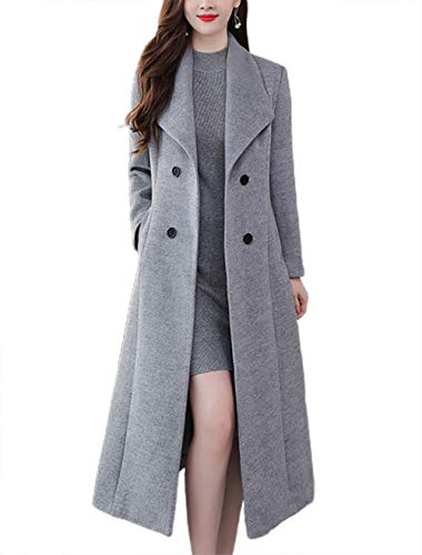 chouyatou Women's Chic Shawl Collar Work Double Breasted Maxi Long Wool Pea Coat (X-Large, Grey)