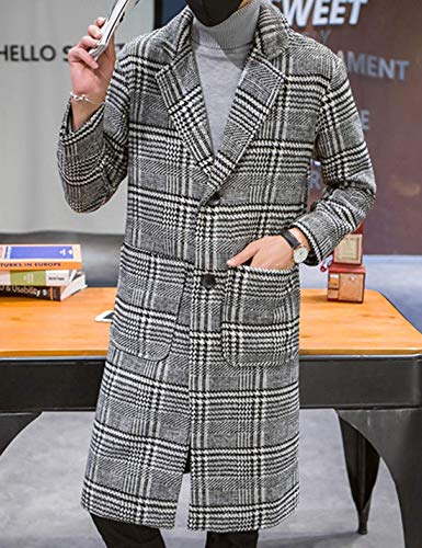 UANEO Mens Trench Coat Single Breasted Plaid Mid Long Peacoat Pea Coats (Gray, L)