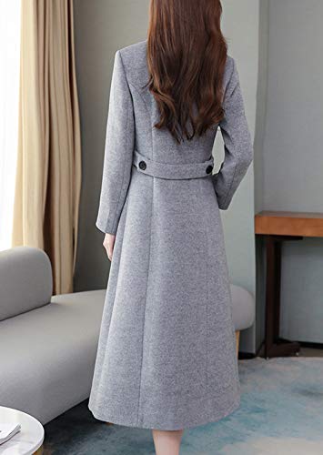 chouyatou Women's Chic Shawl Collar Work Double Breasted Maxi Long Wool Pea Coat (X-Large, Grey)